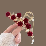 1  Fashion Plucked Rose Rhinestone Pearl Tassel Hair Claws For Women Girls (New)