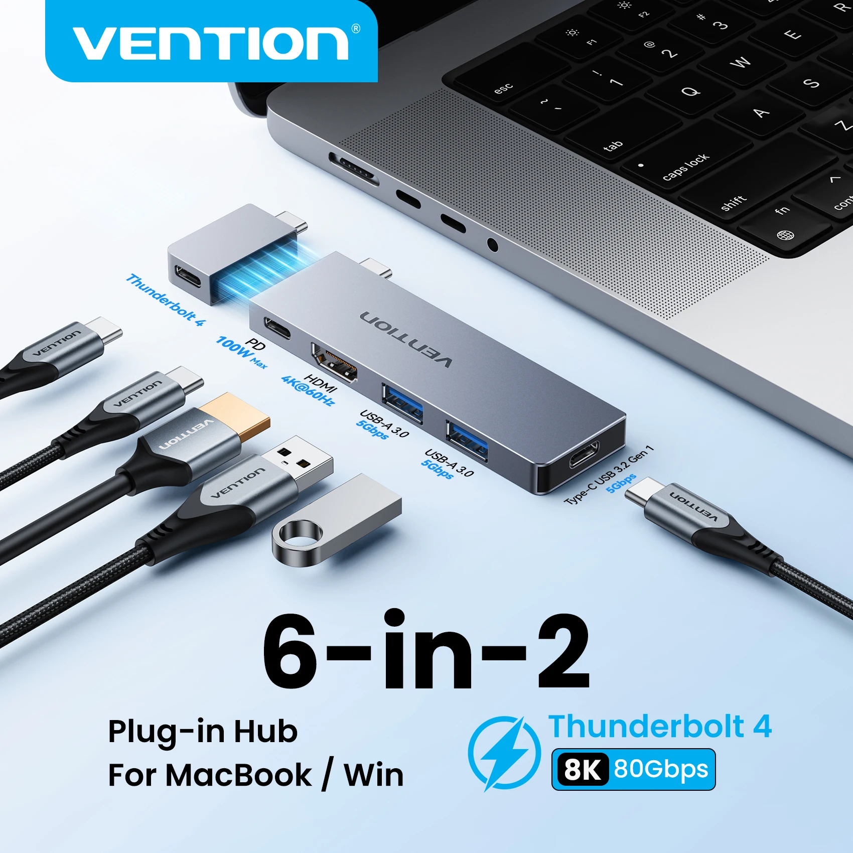S8d0c4806835f4662ad257e9c7e3674e6a Vention USB C Plug-in Hub 6 in 2 Thunderbolt 4 (New) - Image 1
