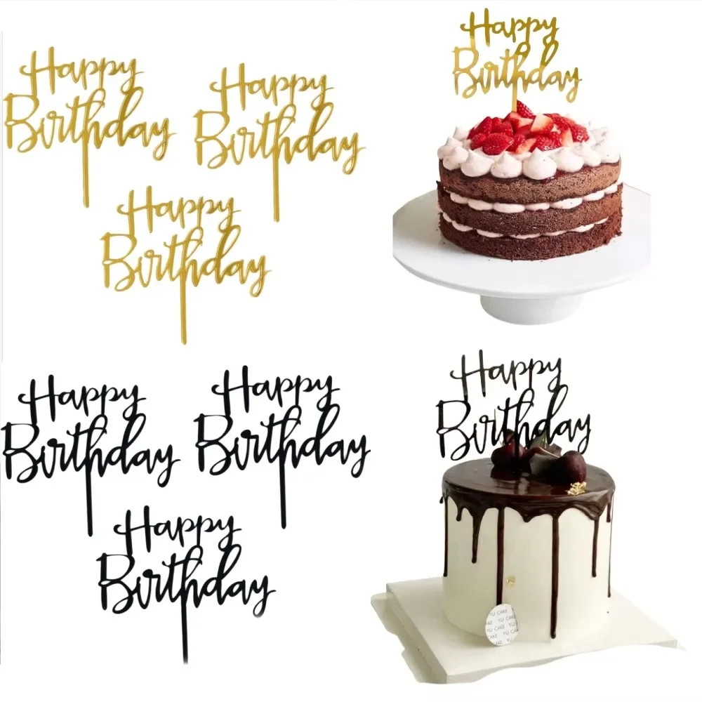 S90852cfeb7204a069123314331b05ee4R 10 20 Gold Black Happy Birthday Cake Topper DIY Acrylic Letter Simple Design Kids (New) - Image 1
