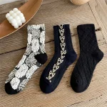 3 pairs of retro college style girl socks versatile black flower bow loafers (New)