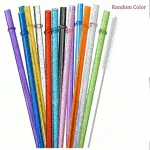 12 Reusable Sparkle Plastic Straws With Cleaning Brush, Rigid Non Tipping Drinking Straws,for Tumbler (New)