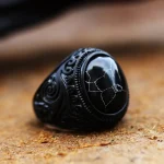 Vintage Handmade Turkish Black Zircon Rings Retro Men Stainless Steel Tiger Eye Stone (New)