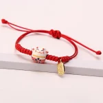 Simple Ceramic Lucky Cat Braided Bracelet for Women Cute Animal Kitten Hand woven Adjustable (New)
