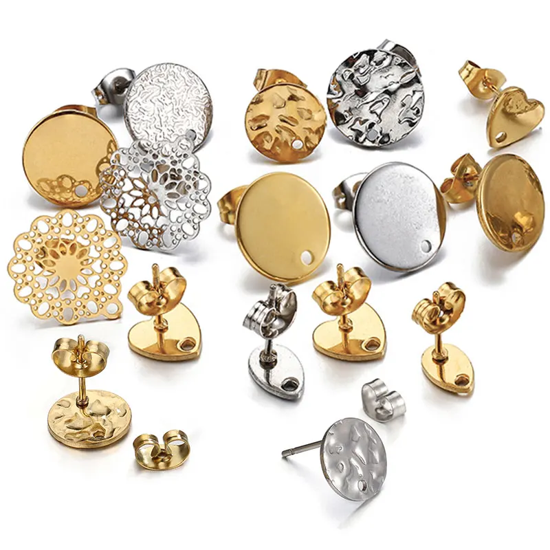 S978a47b66c604664bf03bab1c216f9a3m 10 lot Gold Color Stainless Steel Blank Earring Studs Base Pins With Earring Plug (New) - Image 1
