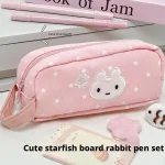 Pink Pen Bag Cute Cartoon Star Rabbit Pattern Plush Large Capacity Pencil Case (New)