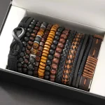 12 Pieces Vintage Woven Faux Leather Tigers Eye & Moonstone Bead Bracelet Set (New)