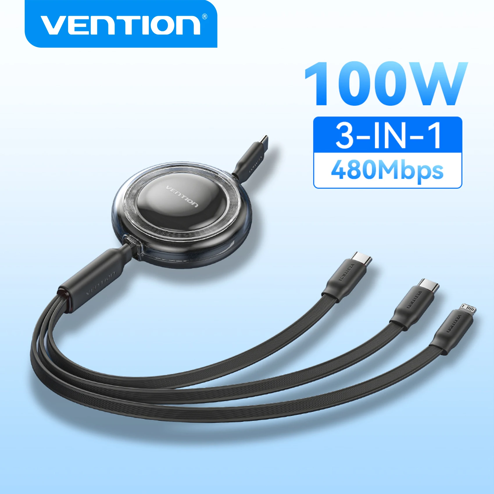 S9a3bdf3e172540dbb563f75942e03070V Vention Retractable 100W Cable 3 in 1 USB C Fast (New) - Image 1