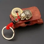1 Vintage Handmade Lucky Cat Keychain with Feng Shui Coins Car Accessory Five (New)
