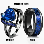 Fashion Couple Rings Romantic Women Heart Blue Rhinestones Zircon Ring Men Stainless Steel (New)