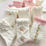 5 pairs of pink and white girl diamond patterned flower socks pink and (New)
