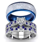 Fashion Couple Rings Romantic Women Heart Zircon Stone Rings Set Mens Blue Stainless (New)