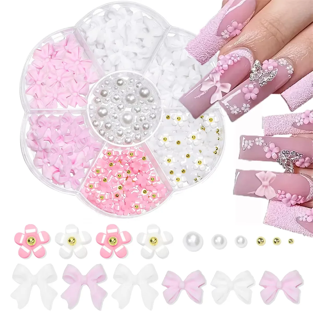 Saffb770045a24596977a70462631c63el Mixed Acrylic Bowknot 3D Nail Art Decorations Flower Resin Charms Gold Beads Caviar (New) - Image 1