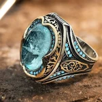 Vintage Mens Handmade Turkish Blue Zircon Stone Ring Ancient Silver Color Pattern Ring (New)