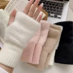Mink Fleece Half Finger Gloves for Womens Soft Winter Warmth Luxury Solid (New)