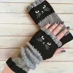 Thermal Winter Gloves Warm Cute Cat Fingerless Gloves Halloween Christmas Unisex Anti Cold Thickened (New)