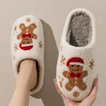 Womens Christmas Slippers Adorable Indoor Festival Gingerbread Man Embroidery Couple Fashion Winter Holiday (New)