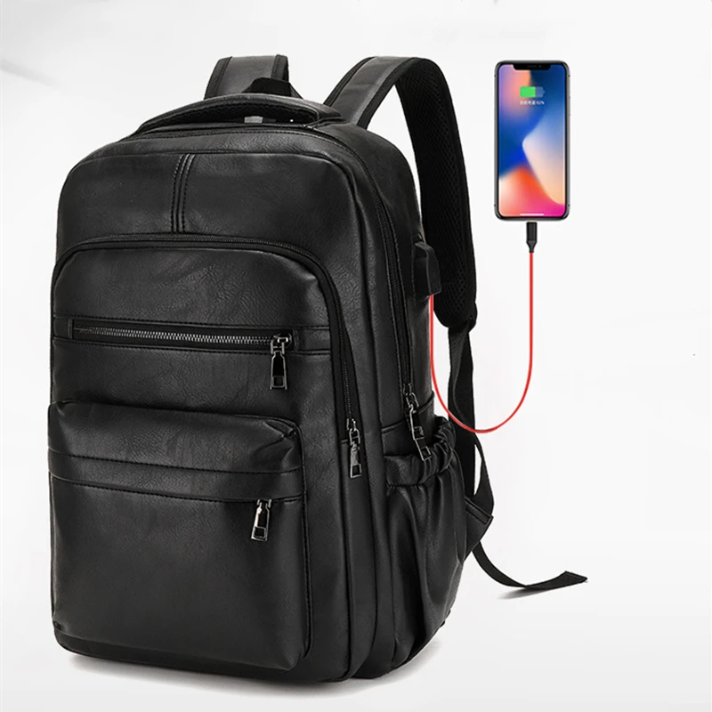 Sc02f07f8d3dd4827ac6e75e3536d869aq High Quality USB Charging Backpack Men PU Leather Bagpack Large Laptop Backpacks Male (New) - Image 1