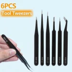 6 Precision Tweezers Set ESD Anti Static Stainless Steel Tweezers Repair Tools for Electronics (New)