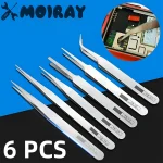 6 Watch Repair Tool Professional Stainless Steel Straight Curved Tweezer Watchmaker Detail Repair (New)