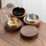 Creative Ashtrays With Lid Walnut Wood Desktop Ashtray Stainless Steel Windproof Ash (New)