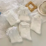 5 Pairs Lolita Socks White Bow Lace Socks Mid Calf Japanese College Style Princess (New)
