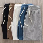 Men Shorts Solid Color Mid Waist Summer Motion Waffle Texture Deep Crotch Drawstring (New)