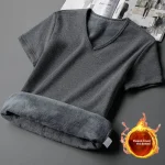 Mens Velvet Short Sleeve V neck T shirt Base Shirt Autumn Winter Warm Underwear Half Sleeve (New)