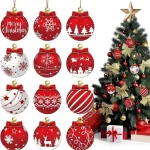 12 set Red and White Wooden Christmas Ball Ornament, Elk Snowflake Pattern Christmas Party (New)