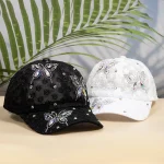 Fashion Women Spring Summer Baseball Caps Breathable Rhinestone Butterfly Hats Lace Hollow Caps (New)