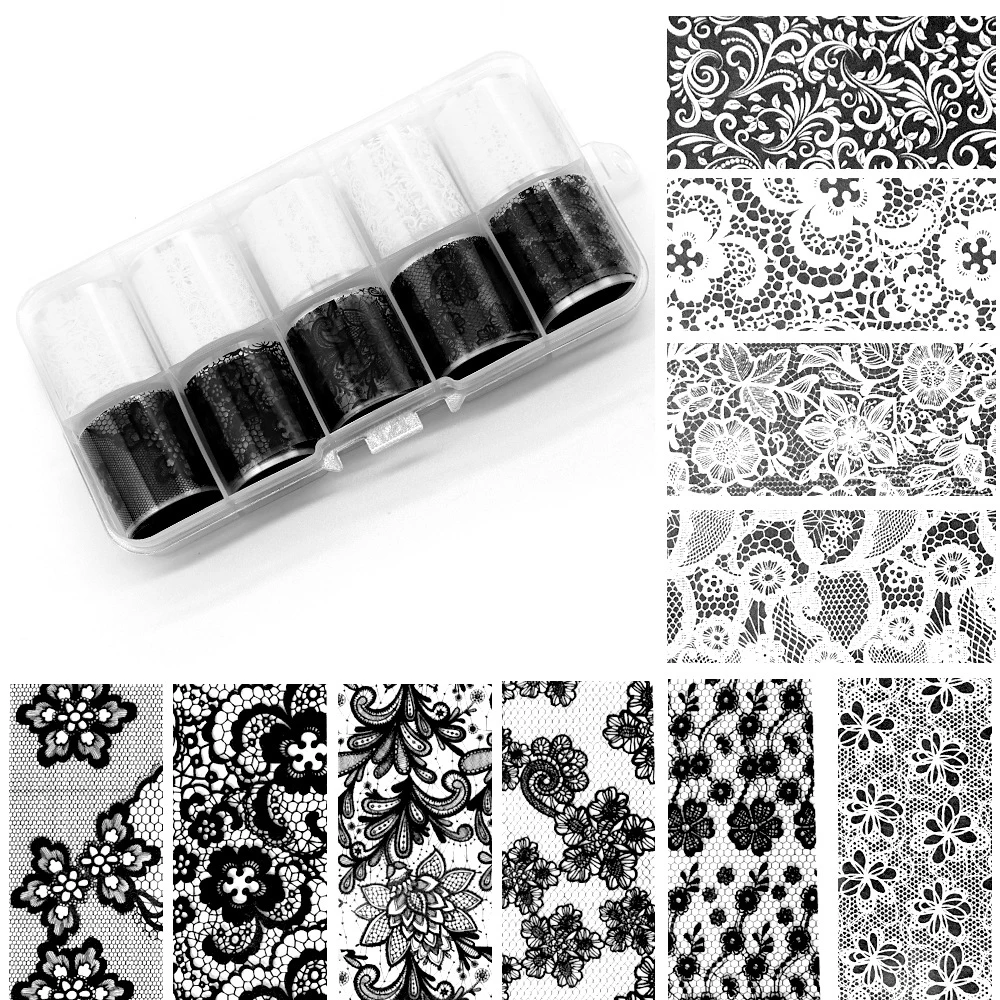 Sf1dec93748bb45ac9b770335db55a728y 10 Rolls 2.5*50cm Black White Lace Transfer Foil Nail Art Sexy Full (New) - Image 1