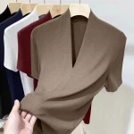 Summer Threaded Womens Short sleeved T shirt Fashion Versatile Base Shirt Plus Size Slim Fit (New)