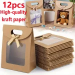 12  Brown Kraft Stand Up Gift Bags with Clear Window, Handle & (New)