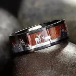Fashion Deer Family Black Hunting Stainless Steel Rings for Men Women KOA Wood (New)