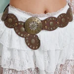 design retro western cowboy belt personality round hollow metal wide belt for (New)