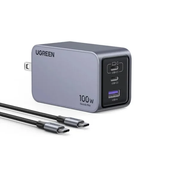 ugreen-nexode-pro-100w-3-port-gan-compact-fast-pps-wall-charger-with-usb-c-to-usb-c-cable-x7-3-600x600 UGREEN X757 (25873) Nexode Pro 100W 3-Port GaN Fast Charger, Black (US Plug) (New) - Image 1